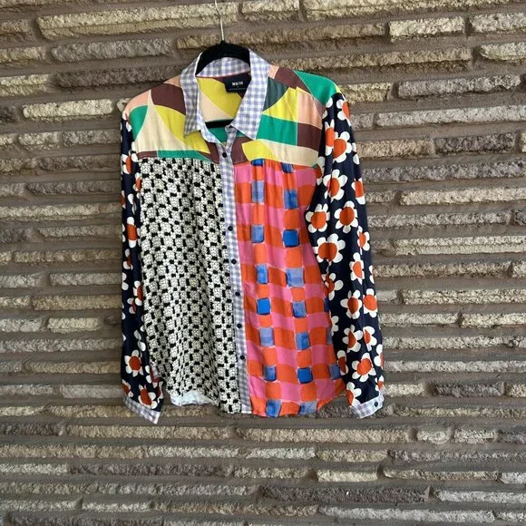 Maeve Anthropologie La Paz Contrast Patchwork Button Front Shirt Size Large NWT - Picture 8 of 11